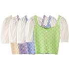 Mock Two-piece Short-sleeve Pattern Print Crop Top