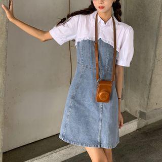Short-sleeve Denim Panel Shirt Dress