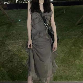 V-neck Plain Ruffle Trim Asymmetrical Spaghetti-strap Dress