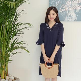 Ruffle-sleeve Stitched Shift Dress