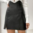 Irregular-waist Faux Leather Slit Mini Skirt
