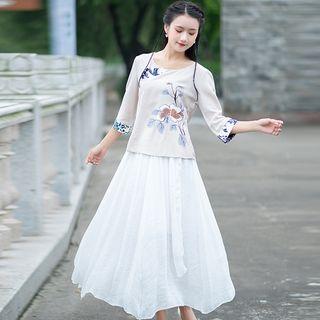 3/4-sleeve Contrast Trim Top / Midi Skirt