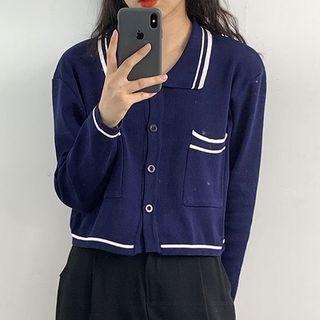 Long-sleeve Buttoned Collared Knit Top Navy Blue - One Size