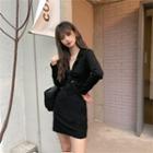 Long-sleeve Cut Out A-line Dress Black - One Size