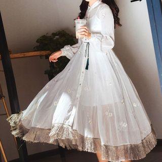 Set: Slipdress + Fringed Hem Flower Embroidered Long-sleeve Midi A-line Dress