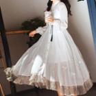 Set: Slipdress + Fringed Hem Flower Embroidered Long-sleeve Midi A-line Dress