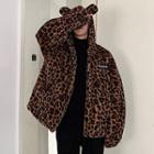 Ear Accent Leopard Print Hooded Zip Coat