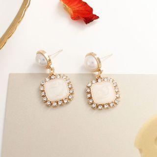 Square Rhinestone Faux Pearl Dangle Earring