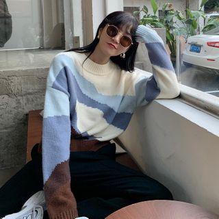 Long-sleeve Color Block Cropped Knit Top As Shown As Figure - One Size
