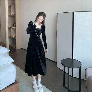 Long-sleeve Midi A-line Velvet Dress As Shown In Figure - One Size