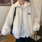 Logo Embroidered Fluffy Zip Jacket