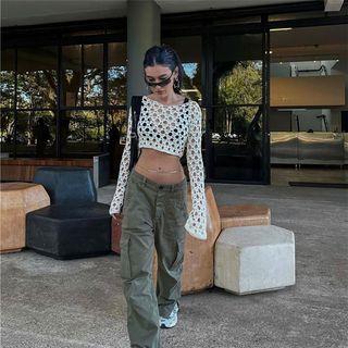 Long Sleeve Crochet Crop Top / Low Waist Pocket Slit Boot-cut Cargo Pants