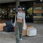 Long Sleeve Crochet Crop Top / Low Waist Pocket Slit Boot-cut Cargo Pants