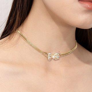 Bow Rhinestone Faux Pearl Choker Necklace - Gold - One Size