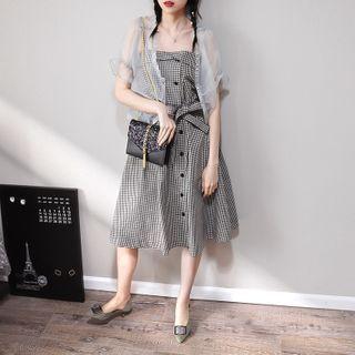 Spaghetti Strap Checked Buttoned A-line Midi Dress