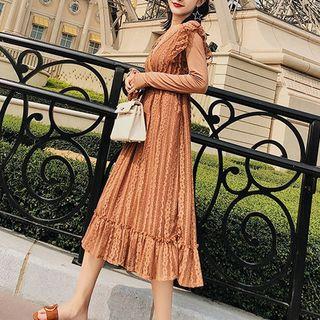 Set: Long-sleeve Top + Sleeveless Midi Lace Dress