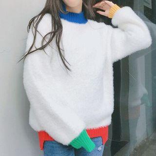 Mock-neck Colored Panel Sweater White - One Size