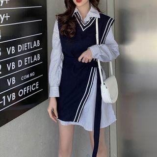 Set: Striped Mini Shirtdress + Asymmetric Tie-waist Knit Vest Vest - Navy Blue - One Size / Shirtdress - Stripes - Blue & White - One Size