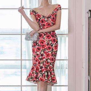 Off-shoulder Floral Print Sheath Dress