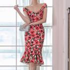 Off-shoulder Floral Print Sheath Dress