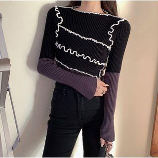 Ruffle Trim Two-tone Knit Top