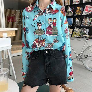 Long-sleeve Loose-fit Print Shirt Blue - One Size