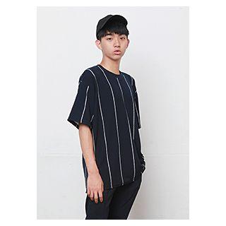 Round-neck Elbow-sleeve Stripe T-shirt