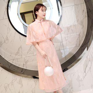 Lace Cape-sleeve Floral Midi Qipao