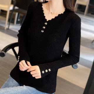 Long-sleeve V-neck Plain Lettuce-edge Ribbed Knit Top