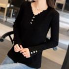 Long-sleeve V-neck Plain Lettuce-edge Ribbed Knit Top