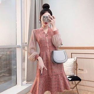 Front-zip Long-sleeve Mini A-line Tweed Dress