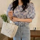 Short-sleeve Floral Print Top Blue Floral - White - One Size