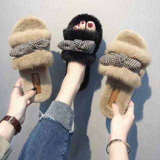Plaid Tie-front Furry Slide Sandals