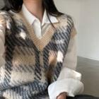 Plaid Sweater Vest / Plain Shirt / Button-up Mini Pencil Skirt