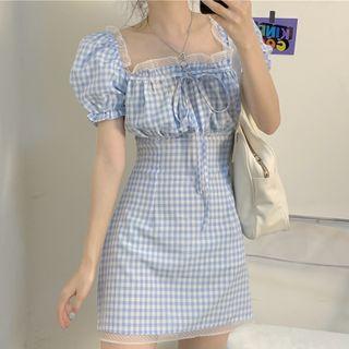 Puff-sleeve Lace Trim Plaid Mini A-line Dress Light Blue - One Size