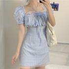 Puff-sleeve Lace Trim Plaid Mini A-line Dress Light Blue - One Size