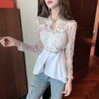 Set: Long-sleeve Lace Panel Peplum Top + Bandeau Bralette