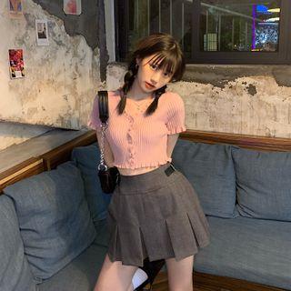Ruffle Trim Short-sleeve Cardigan / Mini A-line Pleated Skirt