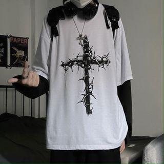 Mock Two-piece Cross Print Long-sleeve T-shirt