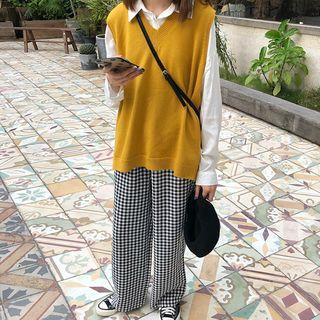 Knit Vest / Plaid Wide Leg Pants