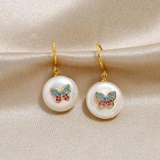 Rhinestone Butterfly Freshwater Pearl Dangle Earring