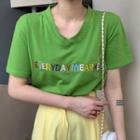 Letter Embroidered V-neck Short-sleeve T-shirt