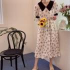 Contrast-trim Floral Print Textured Dress Light Beige - One Size