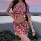 Set: One-shoulder Flower Print Asymmetrical Crop Top + Mini Pencil Skirt