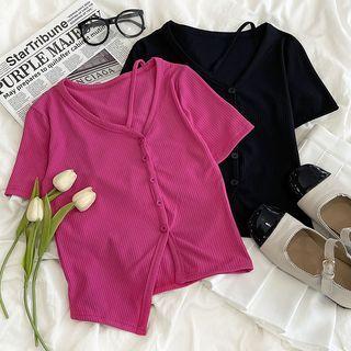 Short-sleeve Asymmetrical V-neck Slit Top