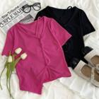 Short-sleeve Asymmetrical V-neck Slit Top