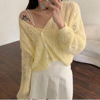 Pointelle Knit Cardigan / Faux Pearl Strap Knit Camisole Top