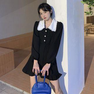 Frill Trim Contrast Collar Mini A-line Shirtdress