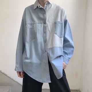 Striped Panel Denim Shirt Denim Shirt - As Shown In Figure - One Size