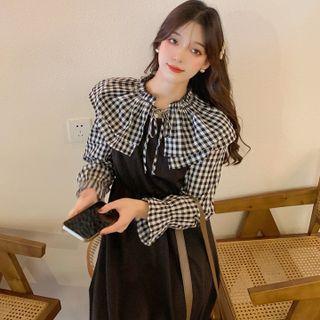 Set: Layered Collar Gingham Blouse + Midi Overall Dress